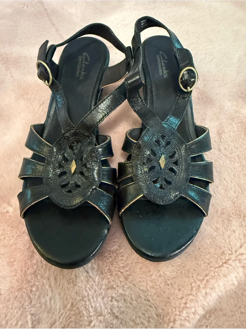 Clarks Black Leather Cutout Slingback Sandals with Gold Buckle